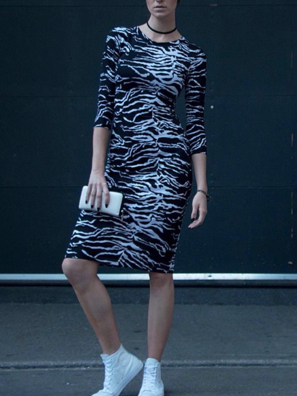 Black and White Zebra-Print Midi Bodycon Dress || US 6